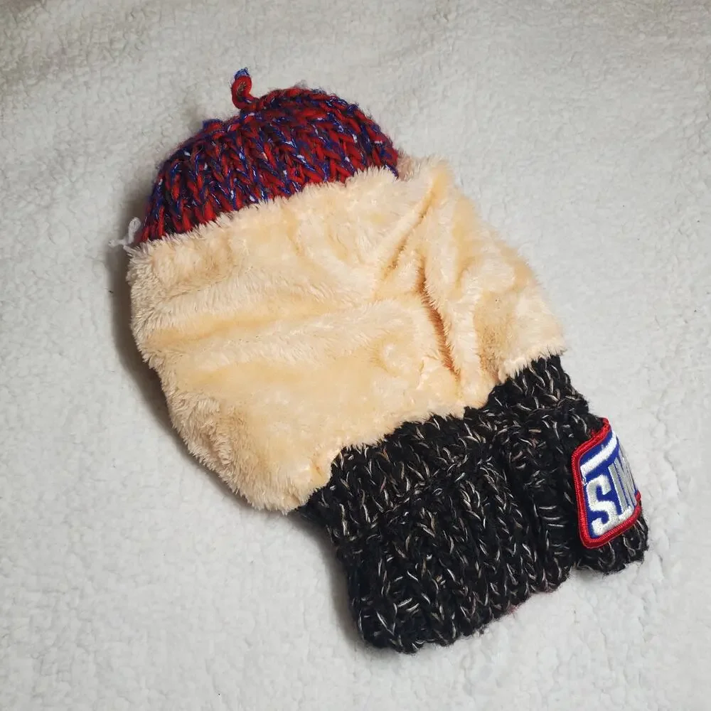 GIANTS Red Blue Chunky Knit Winter Beanie Hat Faux Fur Lined Pom Pom Adult
